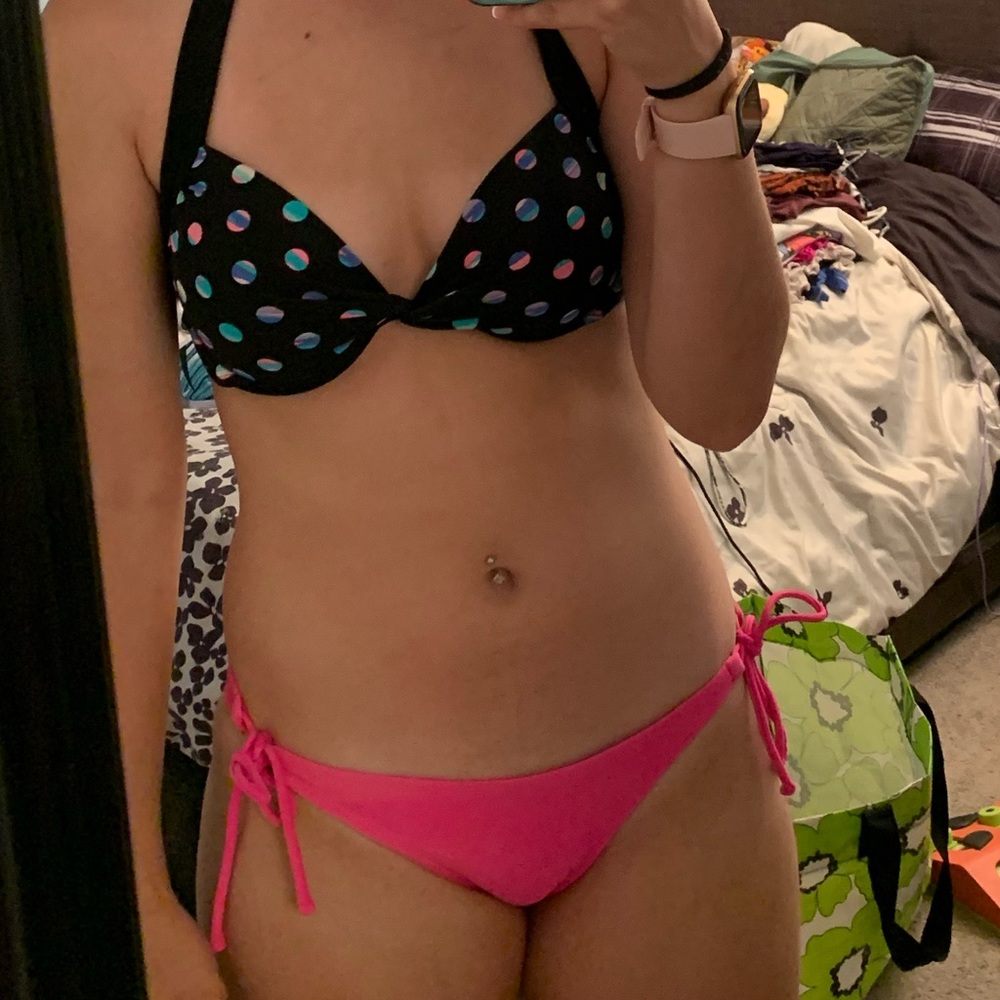 Bikini top and bottom pink bottoms with black and poka dot top size small